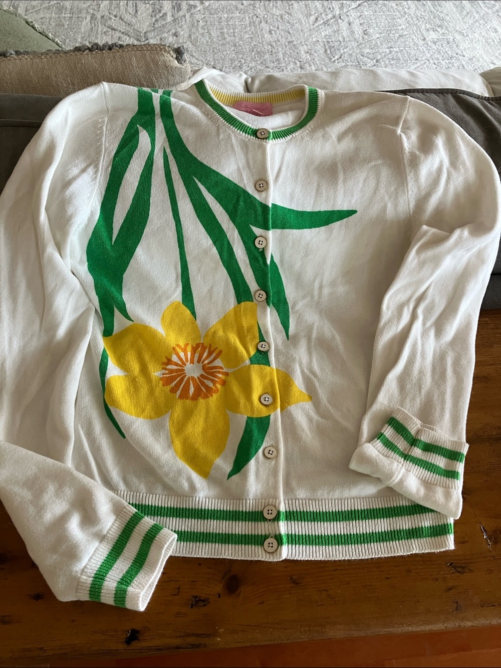 Lilly Pulitzer White Cardigan with Yellow Floral and Green Trim size small